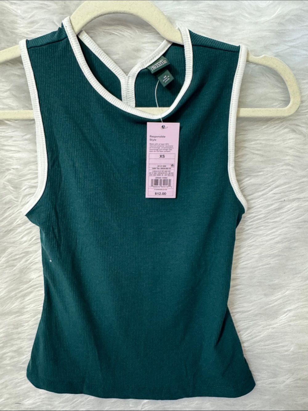 Dark Teal Ribbed Tank with White Contrast Trim